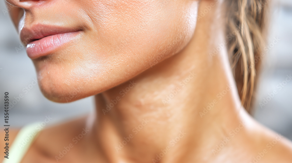 Obraz premium Close up of smooth female skin on neck and jawline with soft natural light highlighting healthy texture and subtle shine, evoking calm and gentle beauty