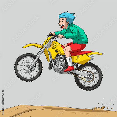 A rider in a green jacket and red shorts jumps a yellow dirt bike over a mound, capturing a thrilling motocross stunt.