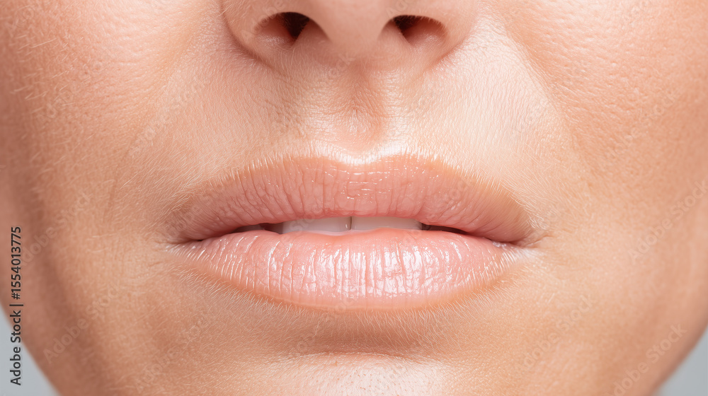 Fototapeta premium Close up of trembling lips with natural skin texture showing anxiety and panic attack symptoms in macro shot, highlighting emotional distress and nervousness