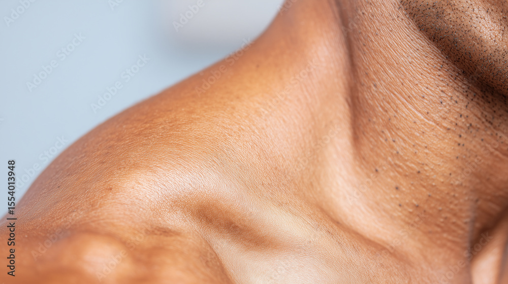 Fototapeta premium Macro close up of shoulder cap area with smooth brown skin and soft light highlighting natural texture and pores, showing detailed human skin surface in warm tones