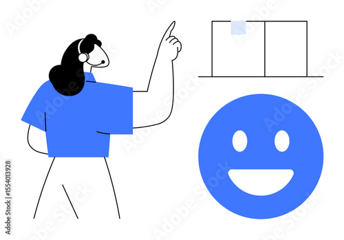 Customer service agent with headset pointing at a whiteboard alongside a happy face graphic. Ideal for customer support, communication, teamwork, service feedback, training, guidance, simple landing