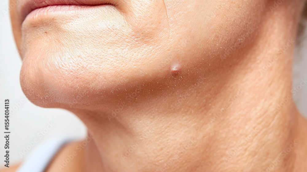Obraz premium Close up of chin and neck with skin blemish and wrinkle texture on light background showing natural aging skin