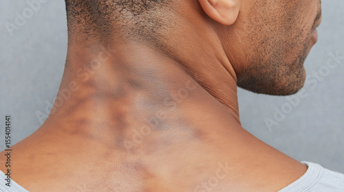 Macro of back neck area with early insulin resistance showing skin texture and discoloration on male adult