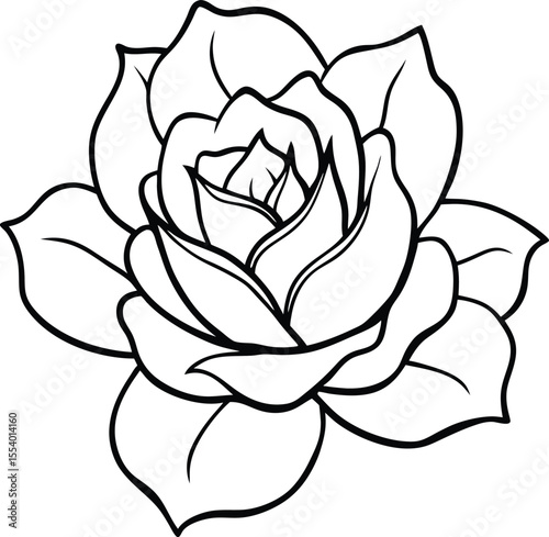 Floral Grace: A delicate line art rendering of a blossoming rose, showcasing the intricate petals and elegant form with a minimalist aesthetic, evoking a sense of natural beauty.