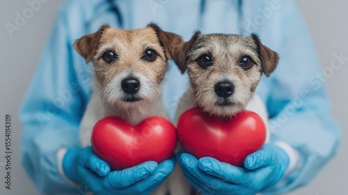 Two small dogs held by a person wearing blue gloves, each dog holding a red heart-shaped object, symbolizing love and care.