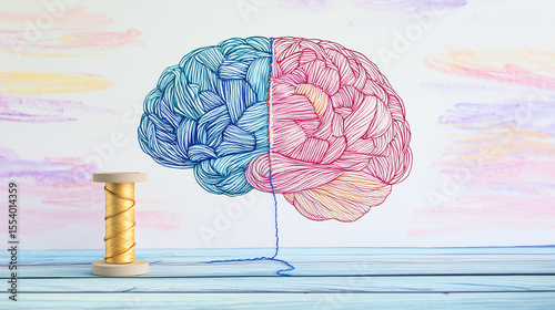 Brain illustration with blue and red thread stitching, symbolizing mental health and healing, with spool of golden thread on wooden surface and pastel background