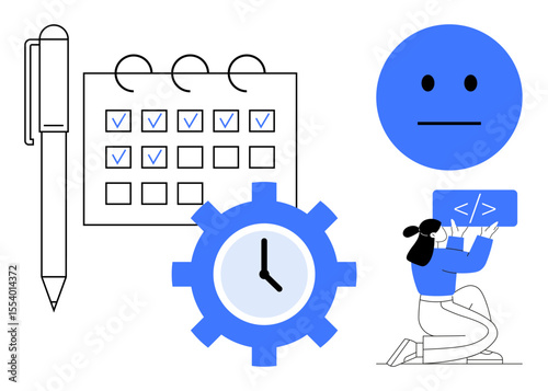 Calendar with tasks marked complete, pen, clock gear, developer coding on laptop, and neutral face. Ideal for scheduling, deadlines, efficiency, productivity software development workflow simple