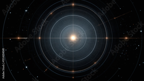 Luminous concentric rings with bright quantum pulse glowing in center, surrounded by shimmering light points and dark cosmic background creating futuristic effect