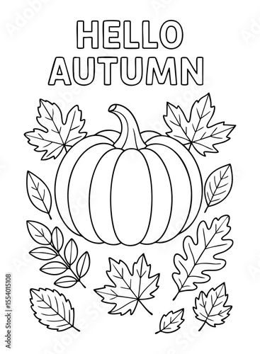 Hello Autumn pumpkin-themed coloring page with leaves. Fun fall activity for children and printable decor.