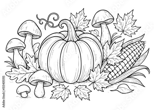 Pumpkin with mushrooms and corn autumn coloring sheet. Harvest celebration design for kids’ fall fun.