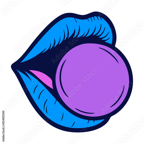 Bright vector illustration of blue lips blowing a violet bubblegum bubble. Stylish pop art design with transparent background, perfect for stickers, prints, or fashion designs.

