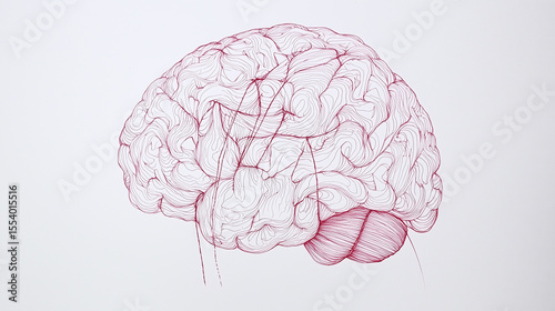 Line art of brain with detailed contour lines and thread stitching, symbolizing mental repair and healing in creative and delicate style
