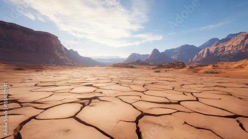 Dry soil and cracked ground in arid landscape with rocky terrain and mountain under blue sky with clouds, showcasing vast wilderness and dry land in natural desert environment