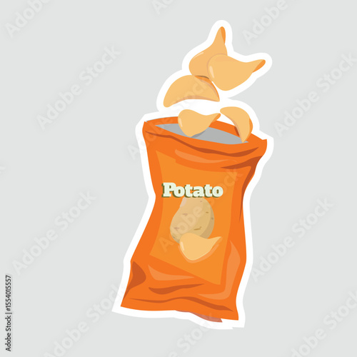 Crunchy Potato Chips Pack Vector Sticker. A fun vector illustration of a potato chips bag with crispy chips flying out. Perfect for food stickers, packaging, and snack-themed designs