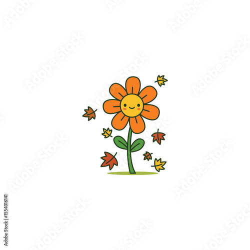 An icon of an orange flower surrounded by falling autumn leaves, representing autumn, changing seasons, and the beauty of fall foliage.