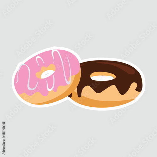 Donuts with Pink and Chocolate Glaze - Vector Sticker. A cute vector illustration of two donuts with pink and chocolate icing. Perfect for food lovers, bakery decor, or digital stickers