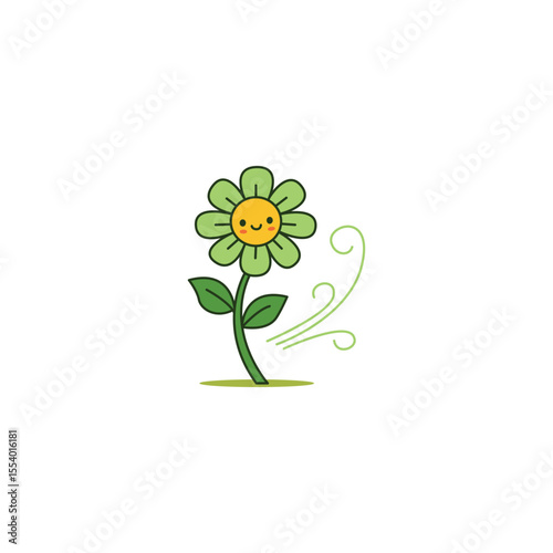 An icon of a green flower with wind gusts swirling around its stem and a slightly worried face, symbolizing windy weather and resilience against the elements.