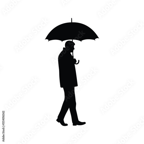Silhouette of a man walking with an umbrella rainy weather black and white vector illustration