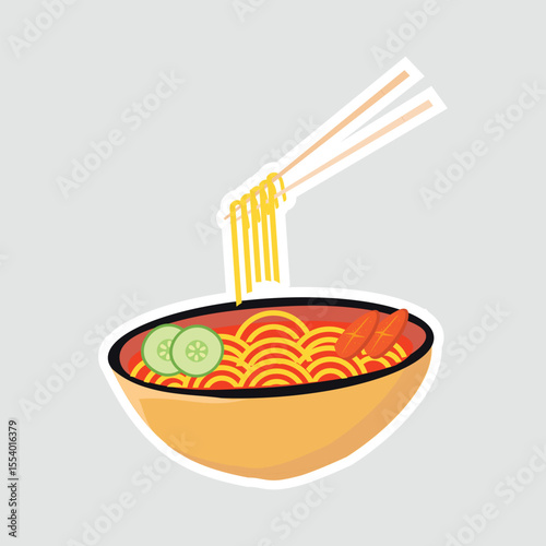 Ramen Noodles Vector Sticker. A delicious vector illustration of a ramen bowl with chopsticks, noodles, shrimp, and cucumber. Perfect for food stickers, packaging, and culinary designs