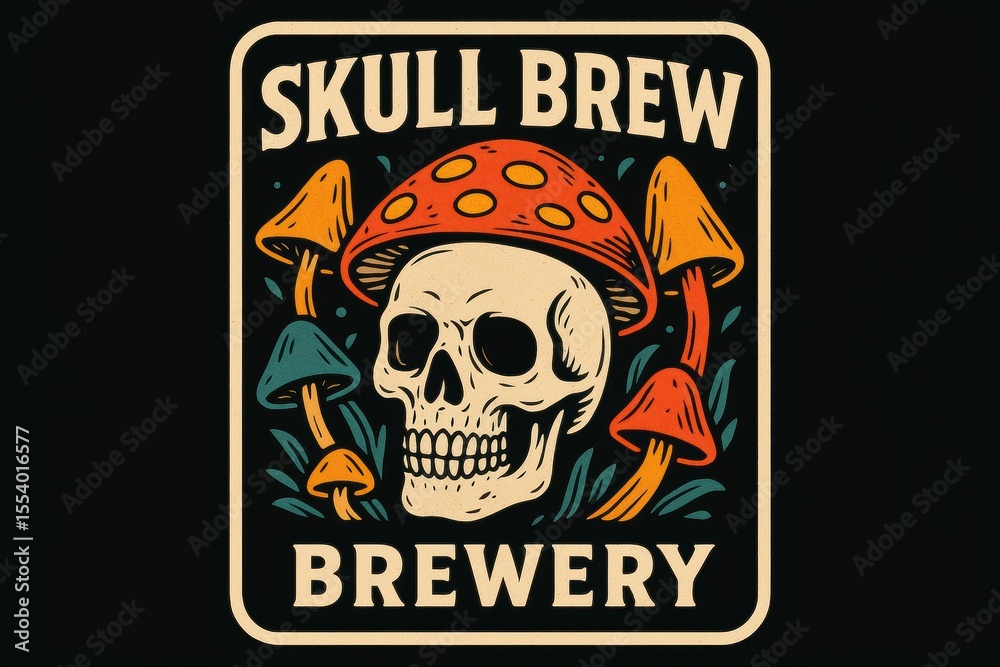 Fototapeta premium Edgy skull-themed craft beer logo with psychedelic mushroom graphics and bold typography