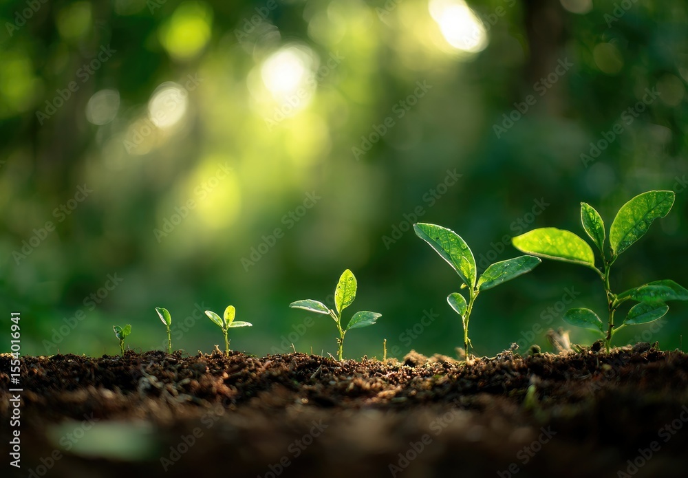 Young plants sprout from soil in sunlit forest