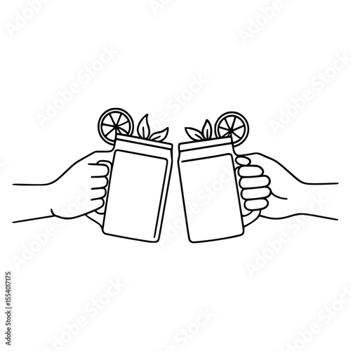 Two hands toasting with fresh fruit beverage mugs line art