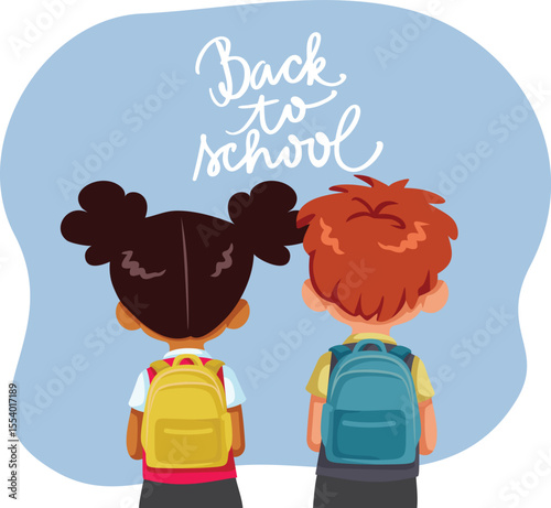 Two Kids Going Back to School Together Vector Cartoon. Students on their way to the academic institution they go to 
