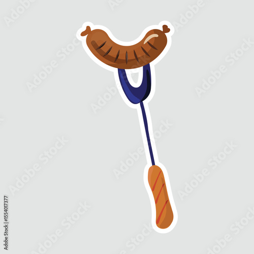 Sausage Skewer Vector Illustration Sticker. A fun vector illustration of a grilled sausage on a skewer fork. Perfect for BBQ-themed designs, food stickers, and culinary graphics