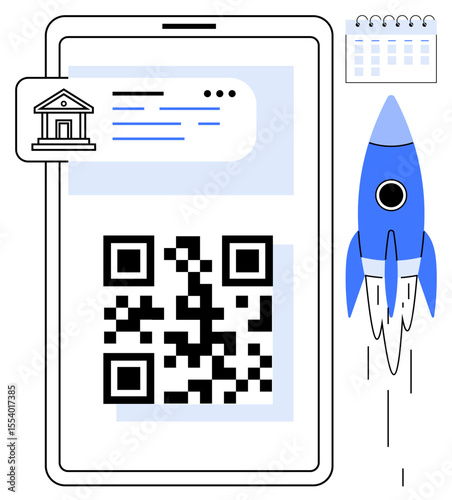 Large QR code on smartphone screen with banking icon, calendar, and blue rocket. Ideal for digital banking, online payments, fintech startups, app development, innovation, efficiency simple flat