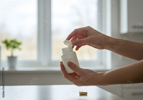 Wallpaper Mural Close-up of a person's hands opening a white plastic bottle of pills, with one pill visible on the table in the foreground, in a brightly lit room Torontodigital.ca