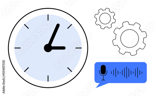 Analog clock, gears symbolizing productivity tools, and soundwave prompt for voice command highlight time management. Ideal for work efficiency, planning, automation, tech tools, innovation