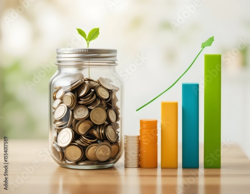 coins and graph Sustainable Financial Growth Concept with Coins in Jar and Colorful Bar Graph. Generative AI 