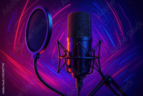 Professional recording microphone with neon lighting effects and glowing abstract background