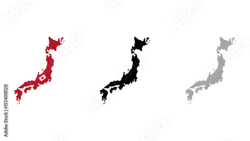 Japan Map Vector Illustration Red, Black, and Gray Variations