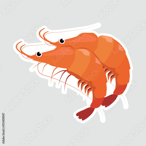 Shrimps Vector Sticker. A vector illustration of two fresh, orange shrimps with a cute cartoon style. Perfect for seafood-themed stickers, restaurant branding, and food packaging