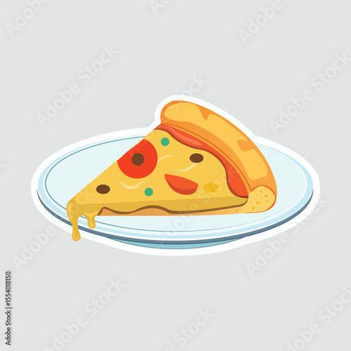 Slice of Pizza Vector Illustration Sticker. A delicious vector sticker of a cheesy pizza slice with toppings on a plate. Perfect for food lovers and culinary-themed designs
