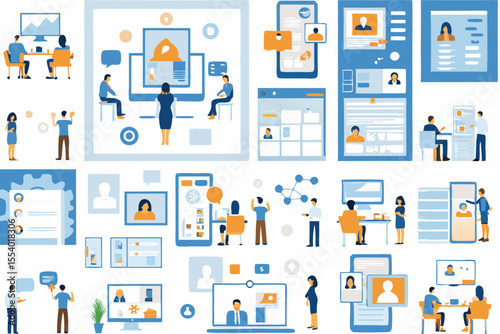 Description: A collage of various illustrations showing people engaged in different digital activities such as coding, data analysis, marketing, customer service, and more. Each illustration depicts a