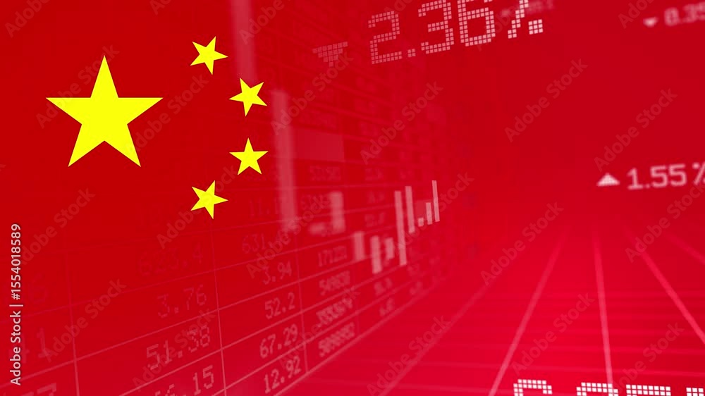 China flag with stock market info graphic animation