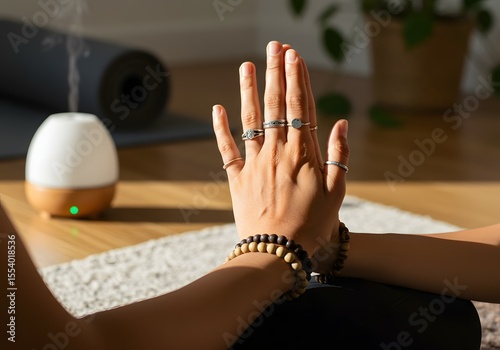 Wallpaper Mural Zen and tranquility A person's hands gracefully perform a yoga pose, surrounded by calming elements like an essential oil diffuser and a yoga mat, evoking peace and mindfulness Torontodigital.ca