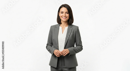 Businesswoman in grey jacket and white shirt, half-body shot, smiling and poised on white background. Ideal for office, HR, or corporate branding needs.
