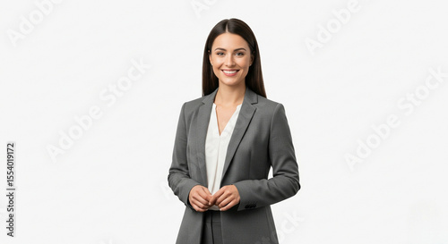Businesswoman in grey jacket and white shirt, half-body shot, smiling and poised on white background. Ideal for office, HR, or corporate branding needs.