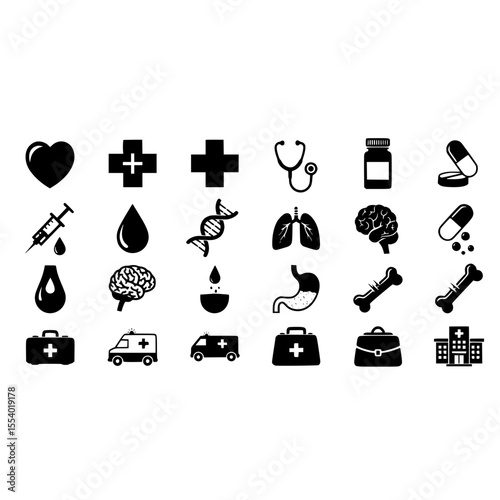 Medical health care hospital medicine clinic doctor healthcare pharmacy emergency ambulance treatment icons set vector