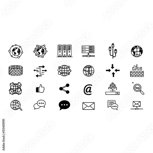 Network server data global connection communication database share email like search icon set vector graphic design