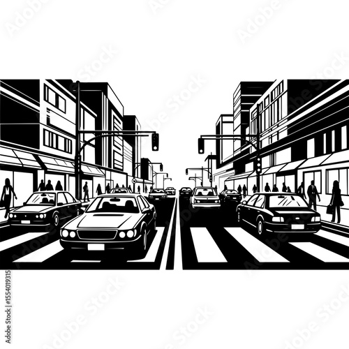 Black and white cityscape with cars traffic on street with buildings and people crossing the road view