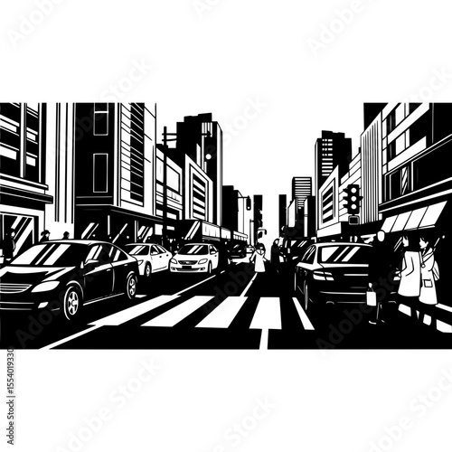 City street scene with cars buildings and people crossing black and white vector illustration urban landscape