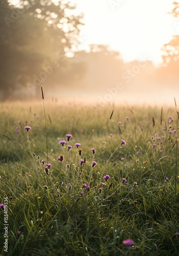Wallpaper Mural Ethereal Morning Mist Blankets a Meadow of Wildflowers, Bathed in Soft Golden Sunlight, Creating a Serene and Tranquil Landscape Scene Torontodigital.ca