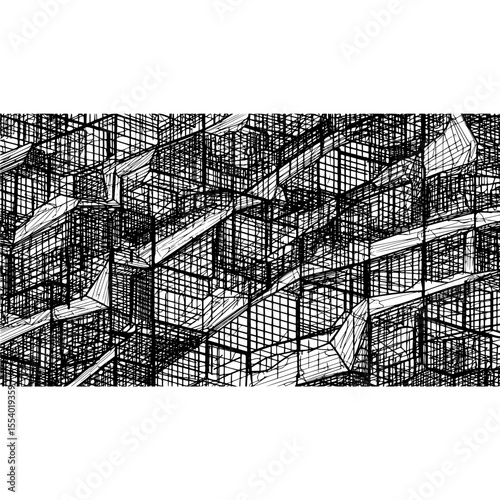 Abstract geometric art with black lines and white space complex modern design illustration with grid pattern