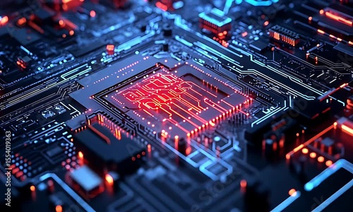 Close-up view of a vibrant circuit board with glowing components, showcasing technology and innovation