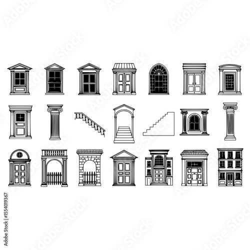 Architectural elements doors windows stairs columns and building facades outline vector design elements set art 100