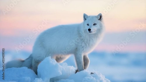 Arctic fox with blue eyes sitting on snow against a pastel colored sky at sunset time winter scene video